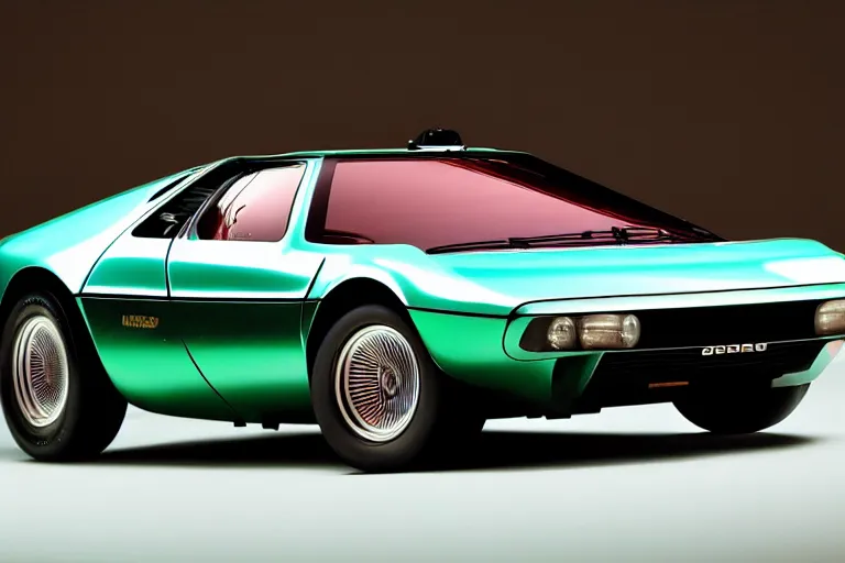 Image similar to designed by Giorgetto Giugiaro stylized poser of a single, 1973 Miura Citroen DM BMW M1 (McLaren F1) DeLorean, thick neon lights, ektachrome photograph, volumetric lighting, f8 aperture, cinematic Eastman 5384 film