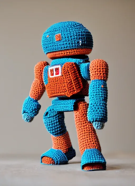 Prompt: a crochet mecha, realistic, no cropping, full body, Sigma 50 mm f/1.4