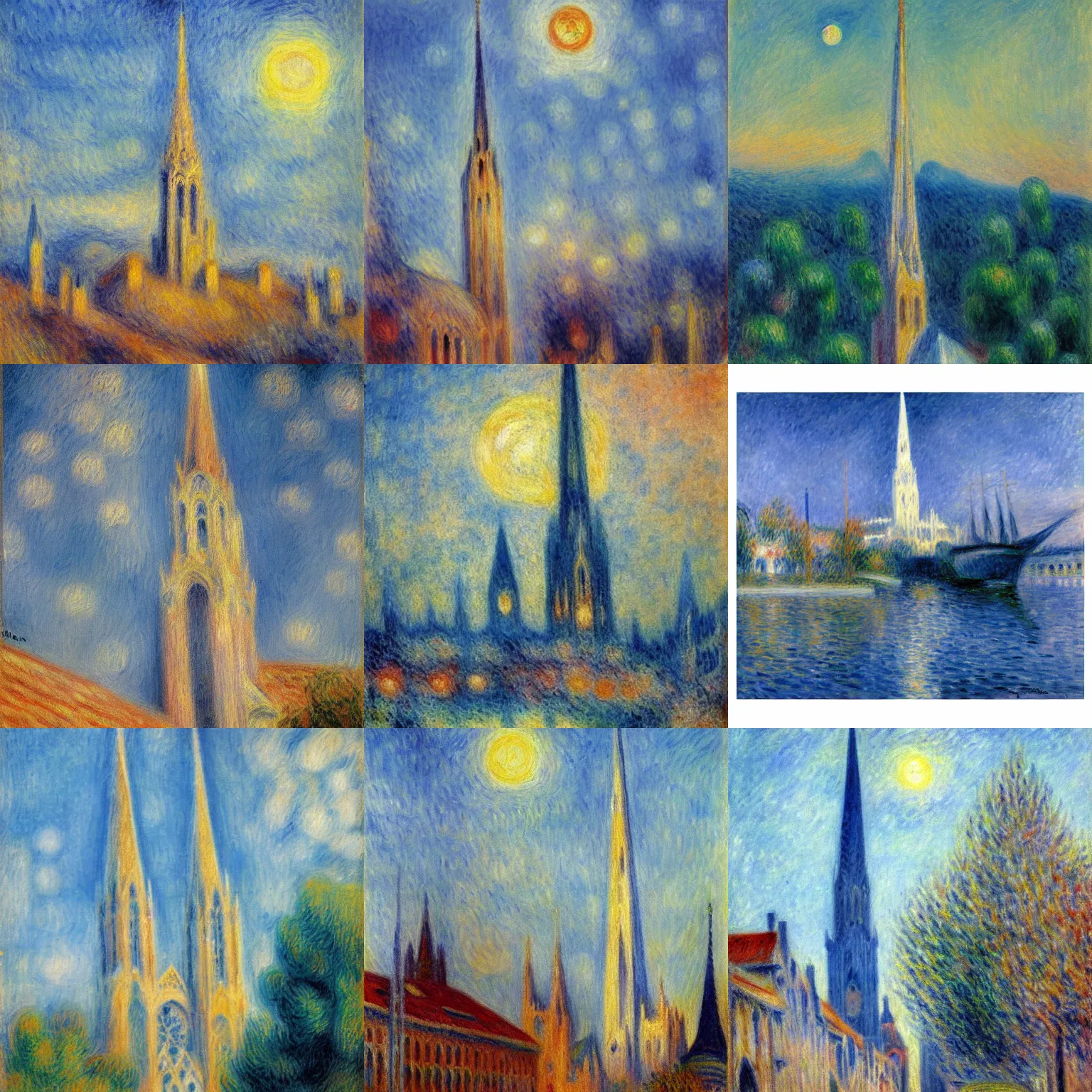 Prompt: oil painting of cathedral spire reaching towards the moon, detailed, light blue, impressionist, renoir, monet