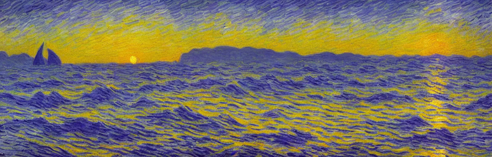 Image similar to An aesthetically pleasing, dynamic, energetic, lively, well-designed digital art of the ocean at sunset, light and shadow, by Claude Monet and Vincent Van Gogh, superior quality, masterpiece, excellent use of negative space. 8K, superior detail.