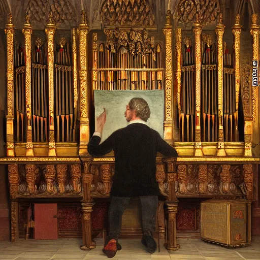 Prompt: highly detailed painting of a man sitting infront of a pipe organ inside of a cathedral, 4 k resolution, by jaquis luis david, visible paint layers, renaissance.