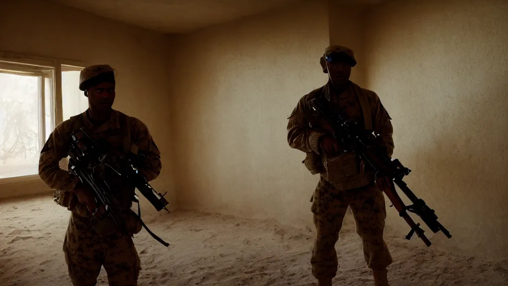 Image similar to film still of a marine soldier with a sniper rifle on his back standing in a dusty room with traditional colorful carpets on the wall in front of a sandy window. moody, grainy, 4 k, high detail, aesthetic, good composition, overdetailed, room cluttered with items, anatomically correct, directed by quentin tarantino,