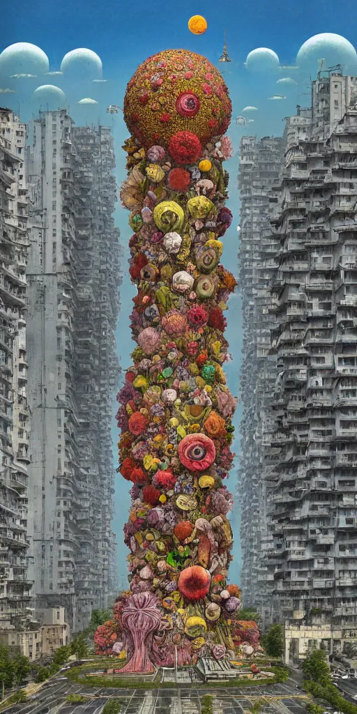 Prompt: colossal alien flower in the middle of abandoned post soviet constructivist cityscape, Stalinist architecture, ultradetailed, Intricate by Hayao Miyazaki and Josan Gonzalez and Giuseppe Arcimboldo and Wes Anderson and H.R. Giger