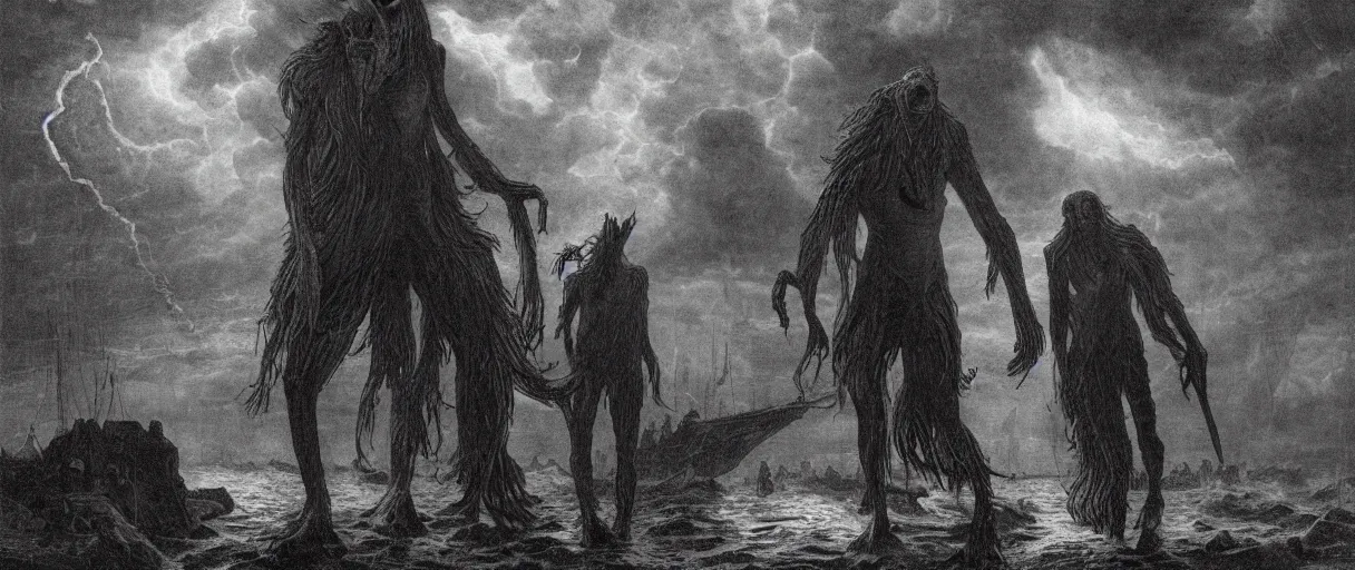 Image similar to an engraving of innsmouth dweller, lovecraftian atmosphere, mutant, fishman, caspar david friedrich, foggy, depth, strong shadows, stormclouds, illuminated focal point, highly detailed