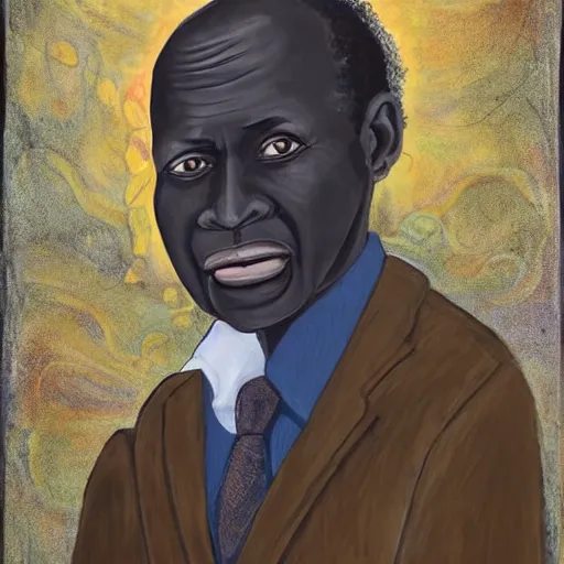 Prompt: a painting of a fatherly wide forehead, aquiline nose, round face, XXL , loving, caring, generous, ever-present, humble, wise elder from Kenya with a friendly expression in a suit by Wangechi Mutu . Fatherly/daddy, focused, loving, leader, relaxed,. ethereal lights, details, smooth, sharp focus, illustration, realistic, cinematic, artstation, award winning, rgb , unreal engine, octane render, cinematic light, macro, depth of field, blur, red light and clouds from the back, highly detailed epic cinematic concept art CG render made in Maya, Blender and Photoshop, octane render, excellent composition, dynamic dramatic cinematic lighting, aesthetic, very inspirational, arthouse.