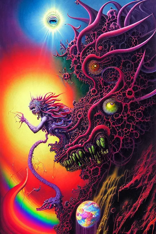 Prompt: realistic detailed image of wrathful rainbow nightmare scientist god over planet earth action horror by lisa frank, john martin, ayami kojima, amano, karol bak, greg hildebrandt, and mark brooks, neo - gothic, gothic, rich deep colors. beksinski painting, part by adrian ghenie and gerhard richter. art by takato yamamoto. masterpiece