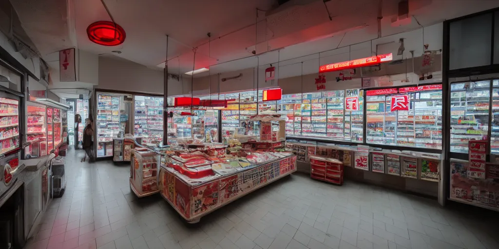 Image similar to interior of a japanese convenient store after midnight, large windows with a view of a parking lot, grey interior, low lights, red glow of japanese neon signs, kitchen in the background, desolate, cinematic, 8 k