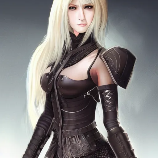 Prompt: a beautiful woman wearing leather armor, blonde, long hair, pixiv, hyperrealistic