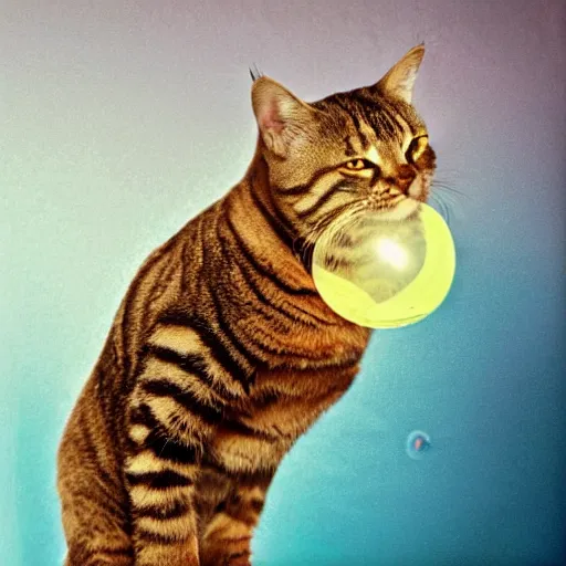 Image similar to Lomotype candid photography of an astronaut brown tabby cat with a bubble as a helmet, visiting Saturn, surrounded by bubbles