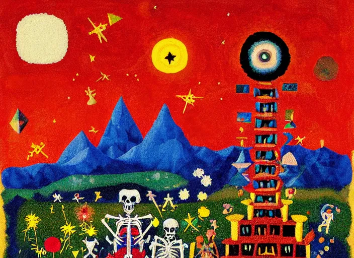 Image similar to pixel decollage painting tarot lovers card composition tower of babel road red armor maggot bear and wonky vampire clown knight on a skeleton horse in a dark red cloudy night sky with golden foil jewish stars and diamonds, mountain lake and blossoming field in background, painted by Mark Rothko, Helen Frankenthaler, Danny Fox and Hilma af Klint, pixelated, neo expressionism, semi naive, pastel colors, cinematic, color field painting, cave painting, voxel, pop art look, outsider art, minimalistic. Bill Traylor painting, part by Philip Guston, Amano and Francis Bacon. art by Adrian Ghenie and Storm Thorgerson, very coherent symmetrical artwork, cinematic, hyper realism, high detail, octane render, unreal engine, Smooth gradients, depth of field, full body character drawing, extremely detailed, 8k, extreme detail, intricate detail, masterpiece