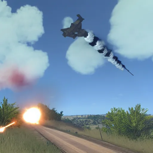 Image similar to arma 3 screenshot, rocket launch, blasting off, rocket smoke