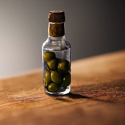 Prompt: photo of a small bottle of olives, extreme detail, real photo, real camera, dim light, moody light, artstation, 8 k