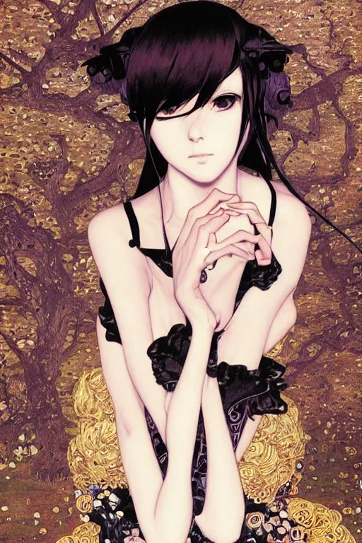 Image similar to portrait of beautiful young gothic anime maiden, cute-fine-face, pretty face, realistic shaded Perfect face, fine details. Anime, cyberpunk, Warhammer, highly detailed, artstation, illustration, art by Ilya Kuvshinov and Gustav Klimt and Gustav Klimt and Gustav Klimt and Gustav Klimt and Gustav Klimt and Gustav Klimt