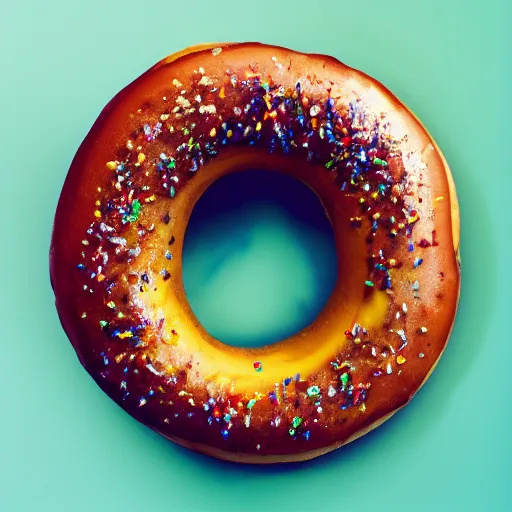 Image similar to Perfectly circular donut!!!!! in the style and shape of a banana!!!!!!, blended colors!!!!!, trending on artstation, 4k, 8k, professional photography, overhead shot, 35mm lens