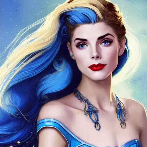 Image similar to A combination of Grace Kelly's and Katherine McNamara's and Ashley Greene's faces with blue hair as She-Ra, western, D&D, fantasy, intricate, elegant, highly detailed, digital painting, artstation, concept art, matte, sharp focus, illustration, art by Artgerm and Greg Rutkowski and Alphonse Mucha