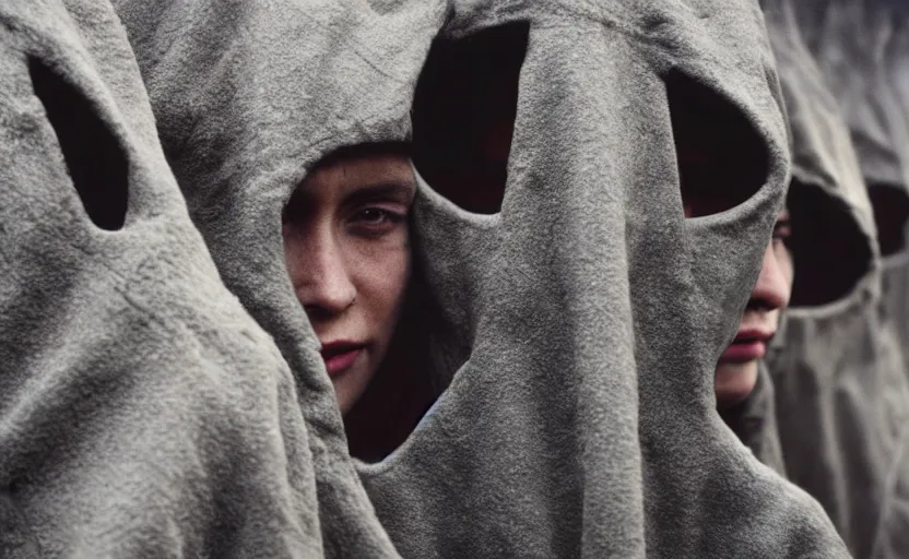 Image similar to cinestill 5 0 d photographic portrait by helen levitt of a group of diverse android women wearing rugged black mesh techwear in a foggy cement maze, extreme closeup, modern cyberpunk, dust storm, 8 k, hd, high resolution, 3 5 mm, f / 3 2, ultra realistic faces, intricate detail, ex machina