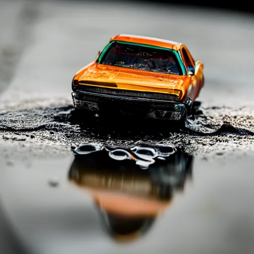 Image similar to macro photography of a hot wheels car driving through a puddle, 3 5 mm