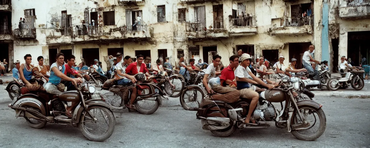 Image similar to a group of people in 1 9 5 0's cuba driving motorcycles made out of spaghetti, canon 5 0 mm, cinematic lighting, photography, retro, film, kodachrome