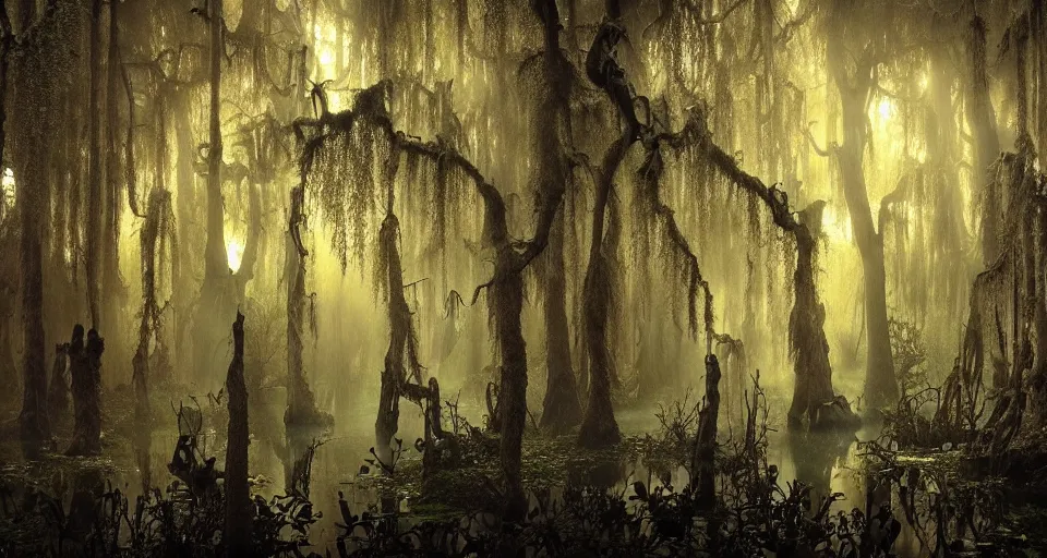 Image similar to A dense and dark enchanted forest with a swamp, by André François