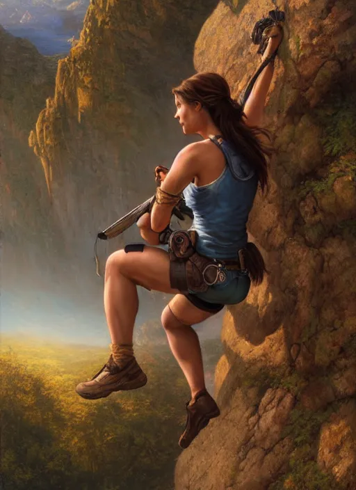 Image similar to Lara Croft climbing a rock, golden hour, Lilia Alvarado, Sophie Anderson, Mark Arian, Bob Byerley, Charlie Bowater, Mark Brooks, Steve Henderson, Justin Gerard, Arthur Hughes, Edward Robert Hughes, Mark Keathley, Victor Nizovtsev, Carlos Shwabe, Ross Tran, WLOP