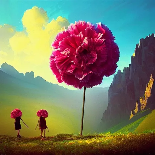 Image similar to giant carnation flower as a head, girl hiking in the dolomites, surreal photography, sunrise, dramatic light, impressionist painting, colorful clouds, digital painting, artstation, simon stalenhag