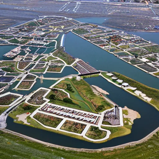 Prompt: Description of the city of Dorothea: four aluminum towers rise from its walls flanking seven gates with spring- operated drawbridges that span the moat whose water feeds four green canals which cross the city, dividing it into nine quarters, each with three hundred houses and seven hundred chimneys.