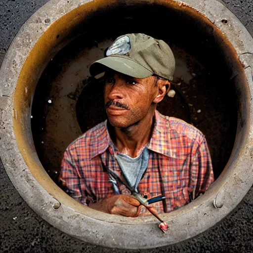 Image similar to closeup portrait of a man with a fishing rod fishing at a manhole in a new york street , by Annie Leibovitz and Steve McCurry, natural light, detailed face, CANON Eos C300, ƒ1.8, 35mm, 8K, medium-format print