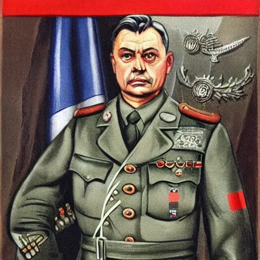 Image similar to portrait of the leader of fascist hungary, viktor orban in nazi uniform, nazi propaganda art 1 9 4 4, highly detailed, colored