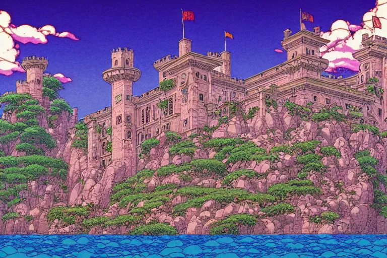 Image similar to establishing shot of a late renaissance castle on an island, key visual with intricate linework, in the style of moebius, ayami kojima, 9 0's anime, retro fantasy, studio ghibli