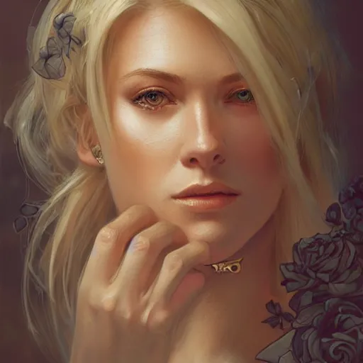 Image similar to ultra realistic illustration, a hot and beautiful tattooed blonde slavic woman in her 3 0's, intricate, elegant, highly detailed, digital painting, artstation, concept art, smooth, sharp focus, illustration, art by artgerm and greg rutkowski and alphonse mucha