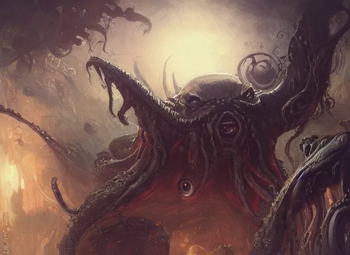 Image similar to my children bed with a giant cthulhu eyes in the dark by gaston bussiere, anna nikonova aka newmilky, greg rutkowski, yoji shinkawa, yoshitaka amano, tsutomu nihei, giger, donato giancola, geoffroy thoorens, trending on artstation, featured on pixiv, cinematic composition