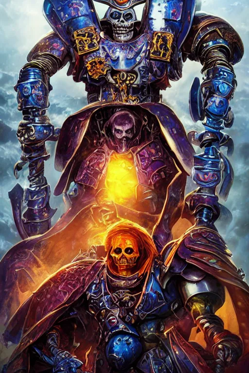 Image similar to TV poster of a AI movie starring Skeletor from he-man TV show in a Warhammer 40k Armour,art by Artgerm, Dan Mumford, d&d style, fantasy, ultra detailed, octane render, soft light