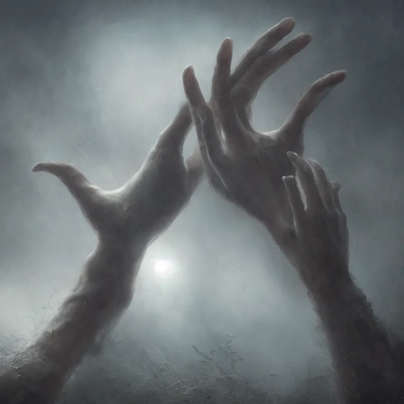 Image similar to a hand emerges from the mist, in the hand is a step ladder, atmospheric, hyper detailed, artistic lighting, 8k, trending on art station