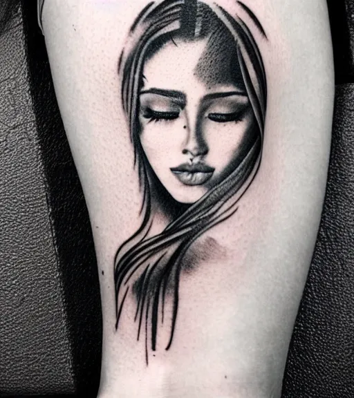 Prompt: tattoo design sketch of a beautiful woman face with a faded background of beautiful nature on her side, hyper - realistic, in the style of den yakovlev, amazing detail, black and white