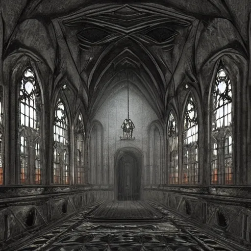 Image similar to large gothic hall with large eyes on the ceiling, horror movie, artstation, detailed, colorfull, futuristic