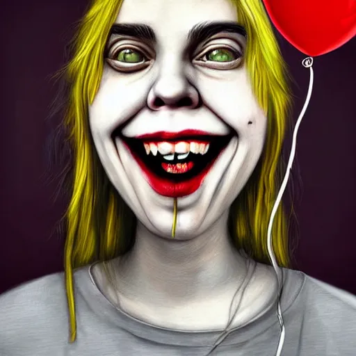 Image similar to surrealism grunge cartoon portrait sketch of billie eilish with a wide smile and a red balloon by - michael karcz, loony toons style, mad max style, horror theme, detailed, elegant, intricate