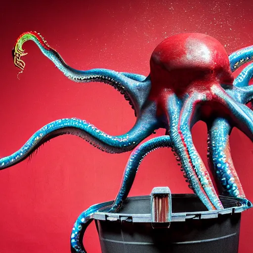 Image similar to a clean studio photography set, there is a bucket of red paint and it has just viciously exploded, there is paint EVERYWHERE, even on the giant octopus