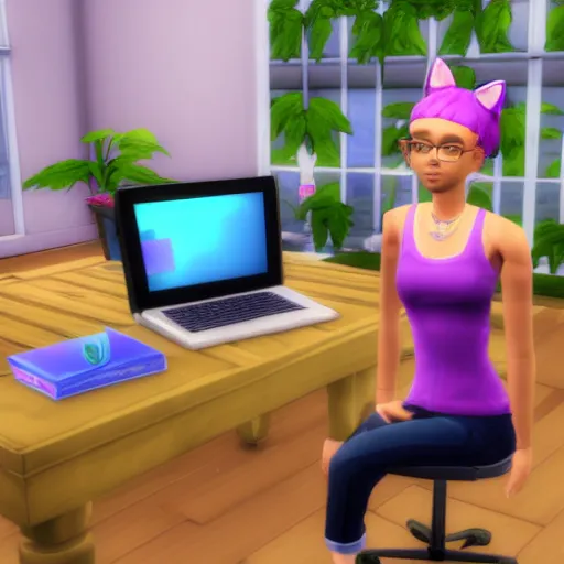 Image similar to cute woman wearing tank top and cat ears plays on computer, sims 4 graphics style