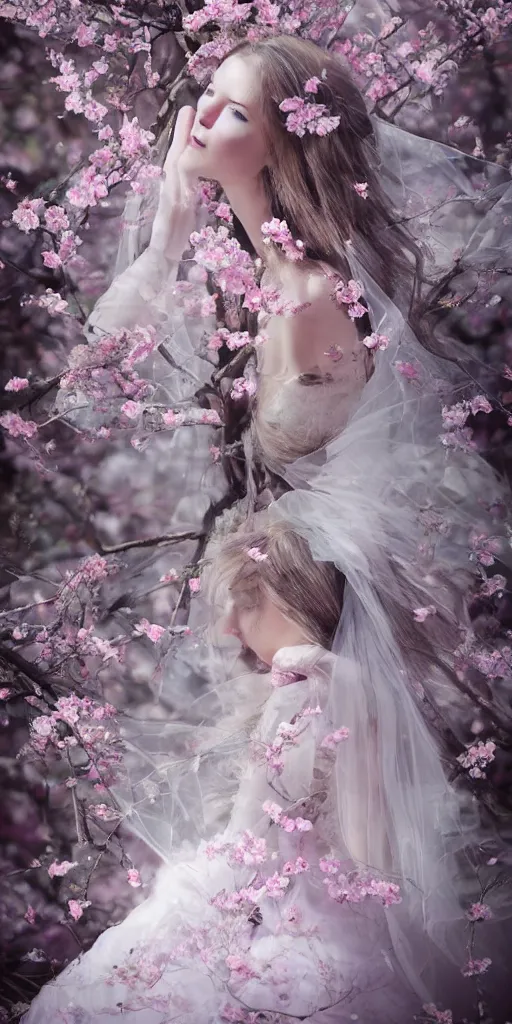 Image similar to A beautiful gothic princess, bride, queen, cherry blossom tree background, sakura tree background, lace veil, octopus haircut, wedding, shy girl, hyperrealism, full body portrait, crystals, all white dress with pink + volumetric lighting + ambient occlusion + rtx + detailed textures + micro details + post processing + photo realism + realistic + octane render, Unreal Engine, Highly Detailed, Dramatic Lighting, Beautiful