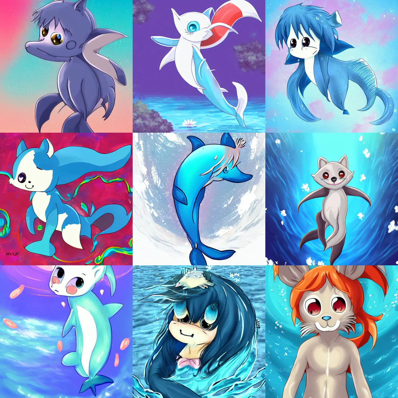 Prompt: Cute anime style digital art of happy bipedal anthro furry dolphin character with blue eyes swimming underwater in whirling tropical water, trending on artstation, trending on furaffinity