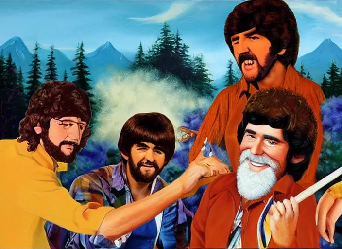 Image similar to bob ross painting a scene of the beatles and the beach boys having a battle of the bands in hades