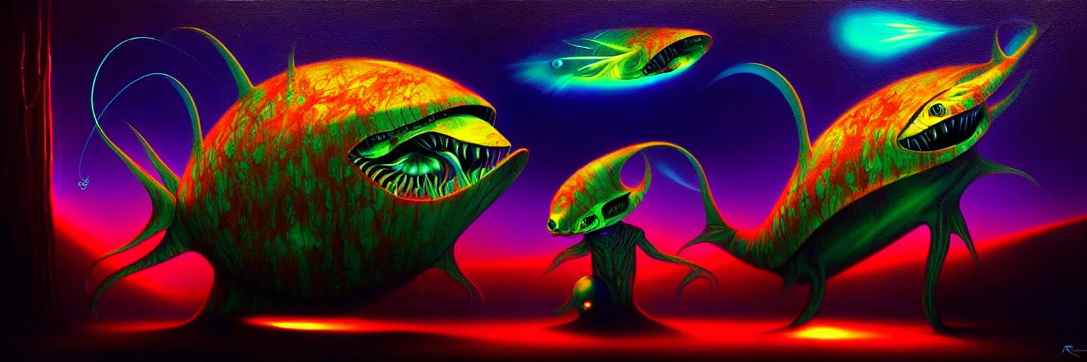 Image similar to strange alien fish creatures from the depths of the collective unconscious, dramatic lighting, surreal darkly colorful painting by ronny khalil