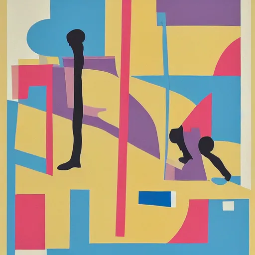 Image similar to A abstract painting in the style of Tatsuro Kiuchi, flat colour-block style, geometric abstraction, painting of a jazz band, modern pastel colours