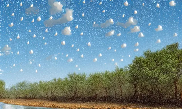 Prompt: panorama of big raindrops flying upwards into the perfect cloudless blue sky from a dried up river in a desolate land, dead trees, blue sky, hot and sunny highly-detailed, elegant, dramatic lighting, artstation, 4k, cinematic landscape, photograph by National Geographic