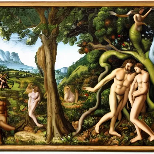 Image similar to god, contemplating adam and eve's future, in the garden of eden - photo - realistic