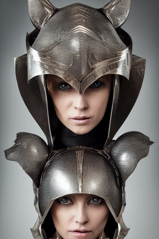 Image similar to female knight wearing a real cat on her head, armor designed by wayne barlowe, swarovski and tiffany, blonde hair, symmetry, sci - fi, cinematic, elegant, luxury, perfect light, perfect composition, dlsr photography, sharp focus, dark fantasy, 4 k, ultra hd, sense of awe, highly detailed, realistic, intricate