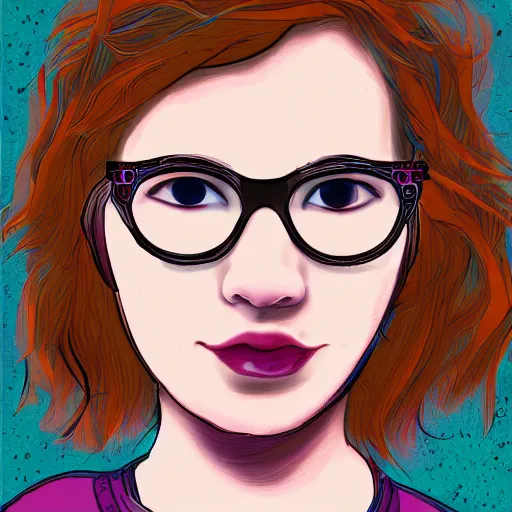 Prompt: a neural network with outlines of a girl with glasses and short brown hair, colorful image, digital art