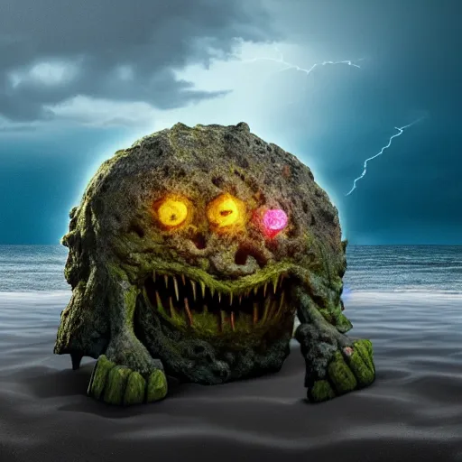 Prompt: nightmare monster emerging from sea surface, but monster is dendritic, thunderstorm in background, ultra realistic, raytracing, color