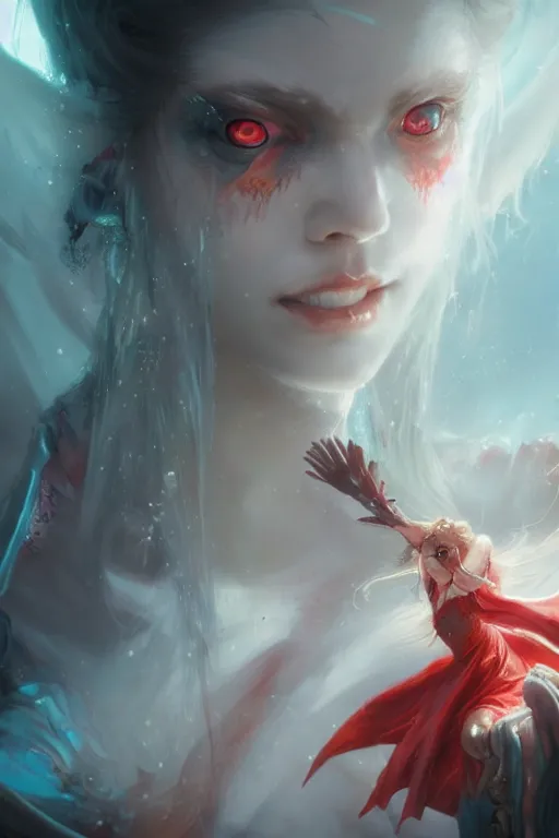 Image similar to face closeup beautiful girl necromancer casting magic spell, angel, 3 d render, hyper realistic detailed portrait, magic storm, thunder, red eyes, elves, ruan jia, wlop. scifi, fantasy, magic the gathering, hyper detailed, octane render, concept art, peter mohrbacher