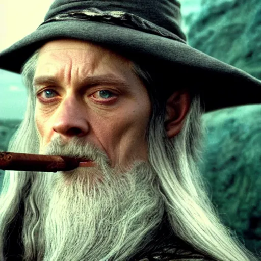 Image similar to A still of Elijah Wood as Gandalf in Lord of the Rings, portrait shot, dynamic lighting, smoking a pipe, 2022 picture of the year